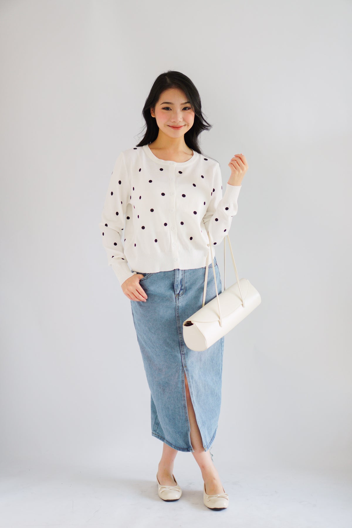 Christabelle Polkadot Knit Cardigan in White