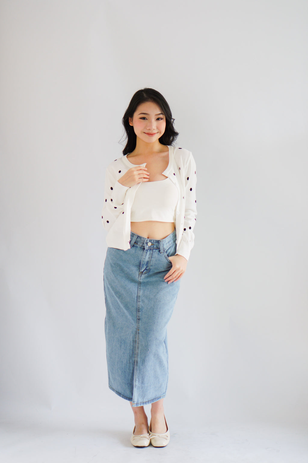 Christabelle Polkadot Knit Cardigan in White