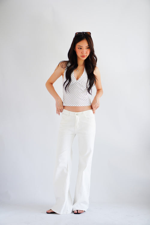 Enva Self Tied Halter Neck Polkadot Top in White