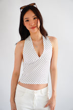 Enva Self Tied Halter Neck Polkadot Top in White