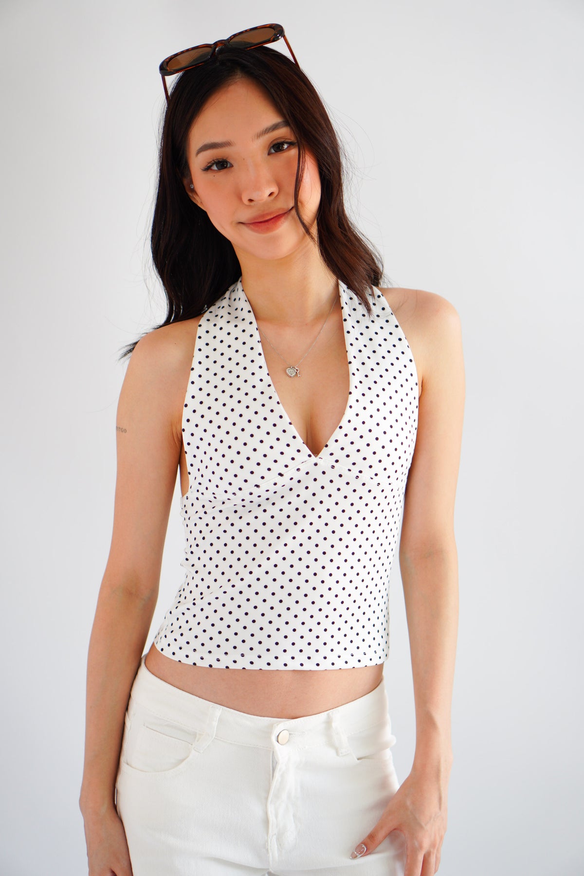 Enva Self Tied Halter Neck Polkadot Top in White