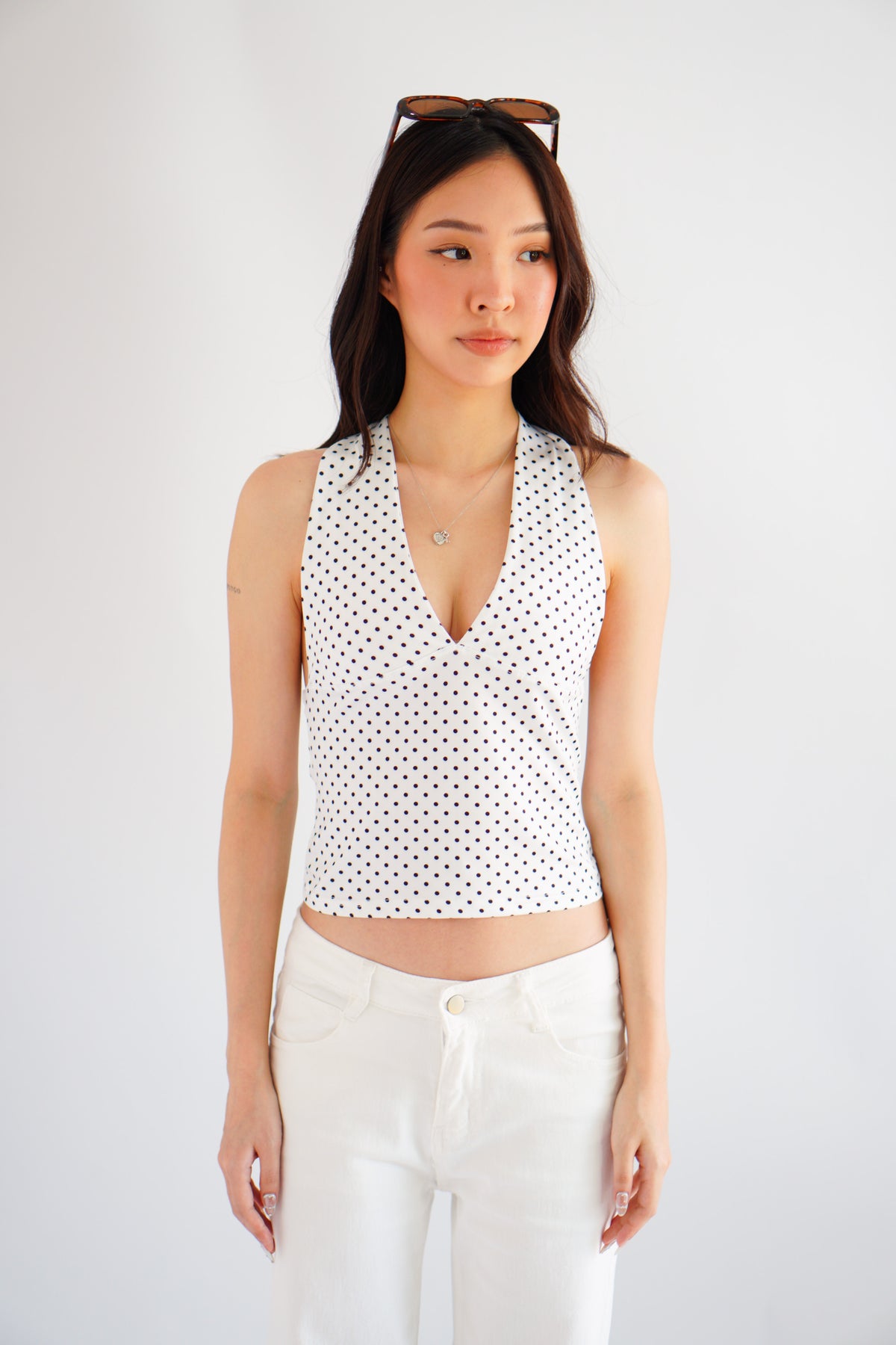 Enva Self Tied Halter Neck Polkadot Top in White