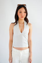 Enva Self Tied Halter Neck Polkadot Top in White