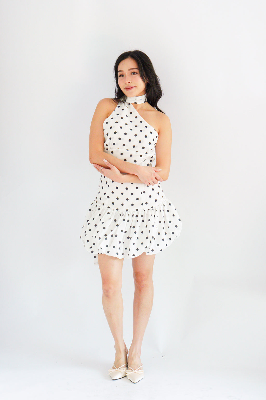 Adria Choker Mini Bubble Dress in White Polkadot