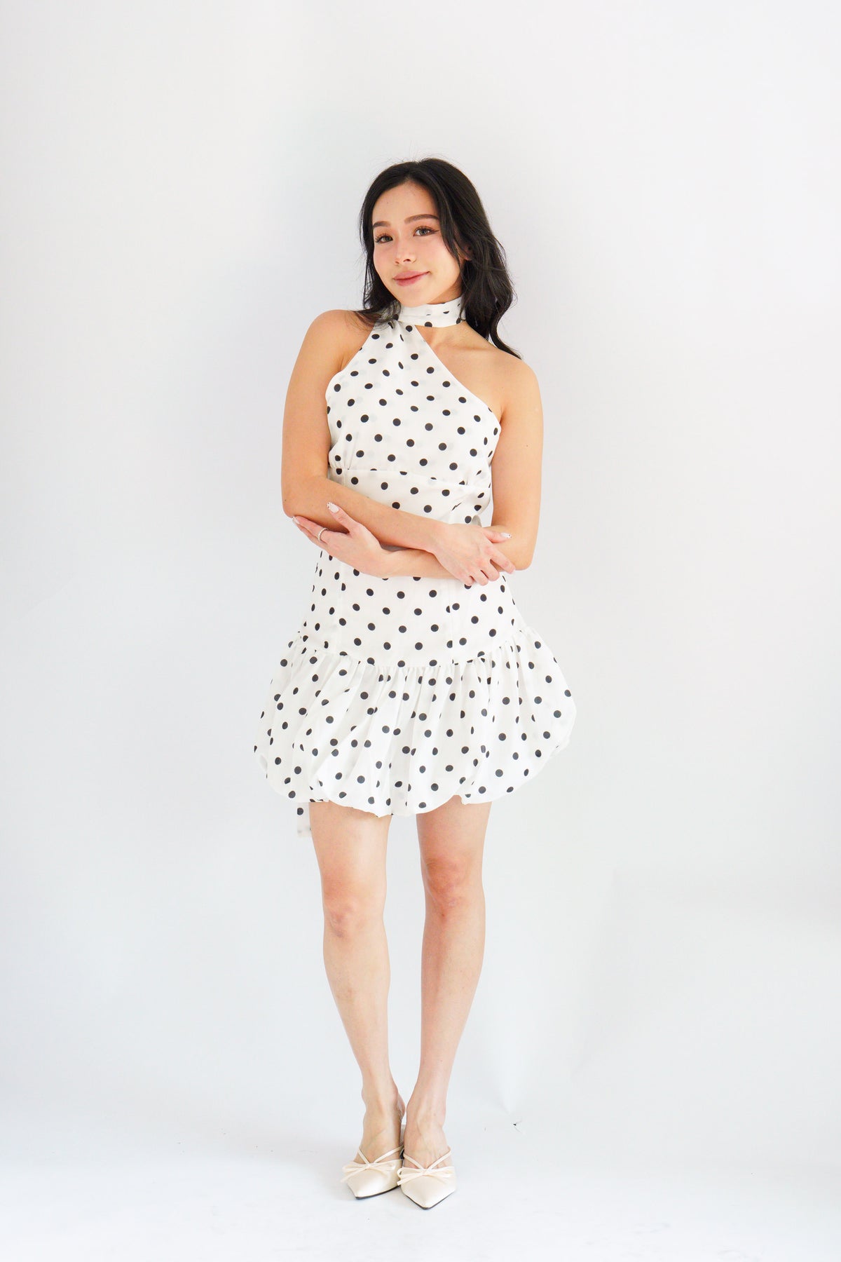 Adria Choker Mini Bubble Dress in White Polkadot