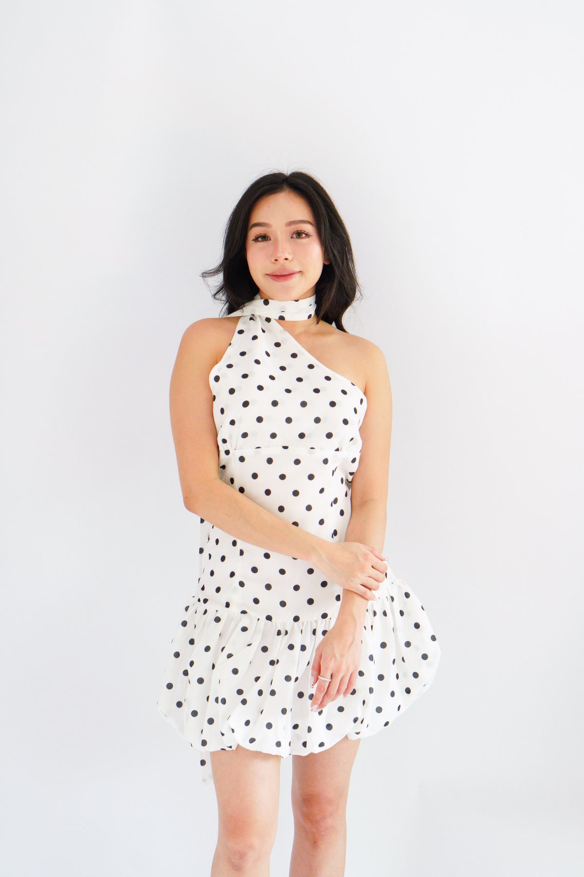Adria Choker Mini Bubble Dress in White Polkadot