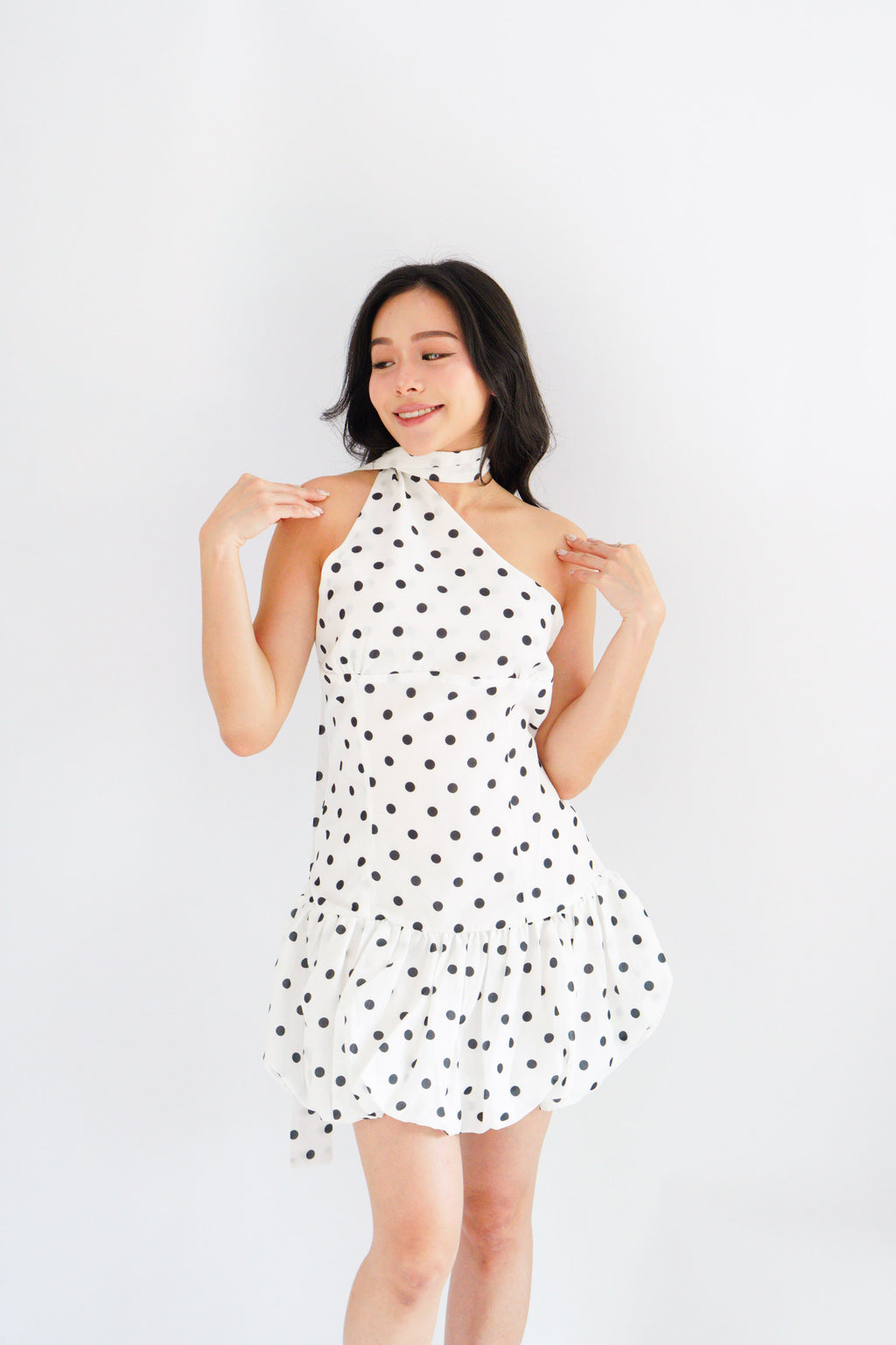Adria Choker Mini Bubble Dress in White Polkadot