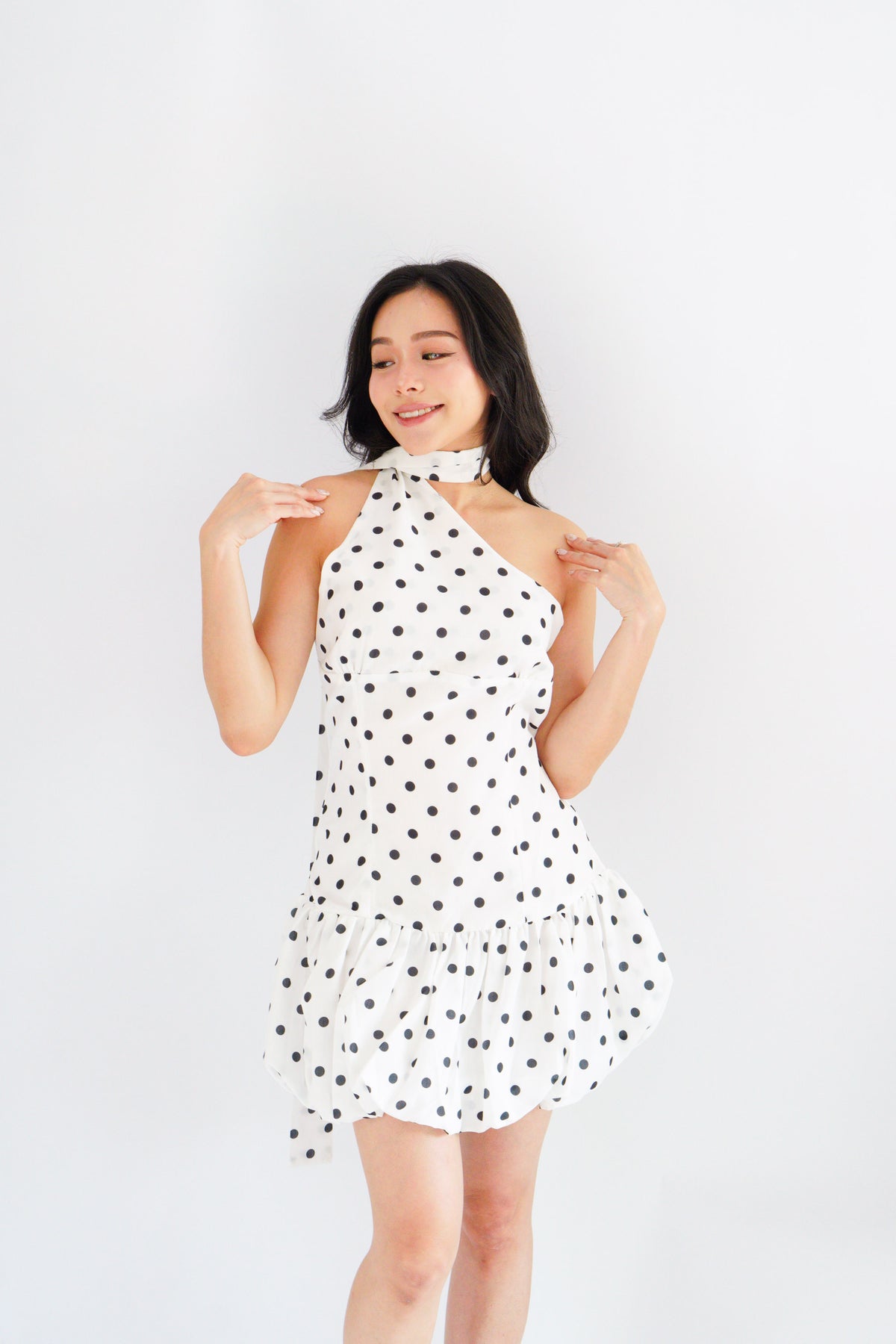 Adria Choker Mini Bubble Dress in White Polkadot