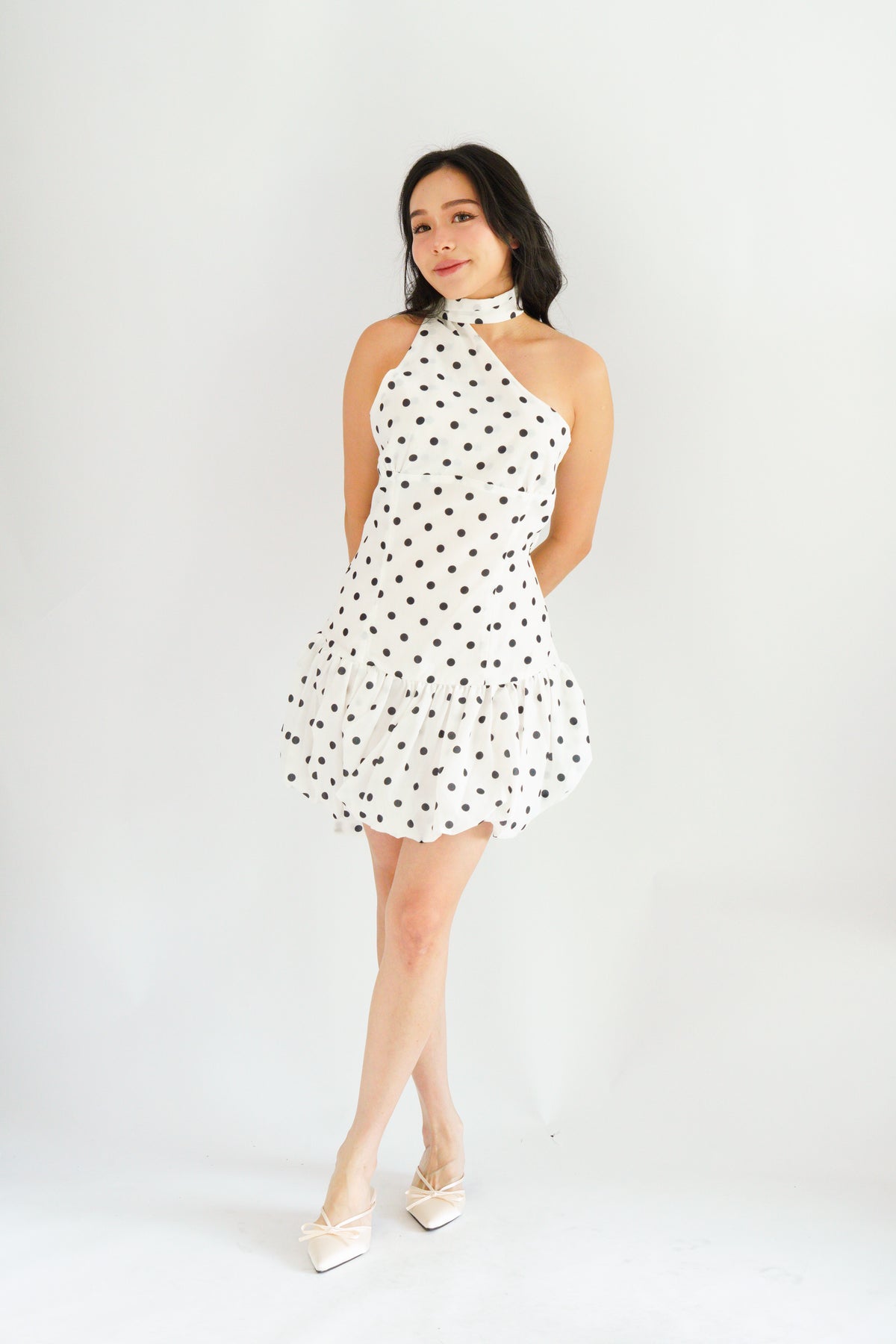Adria Choker Mini Bubble Dress in White Polkadot