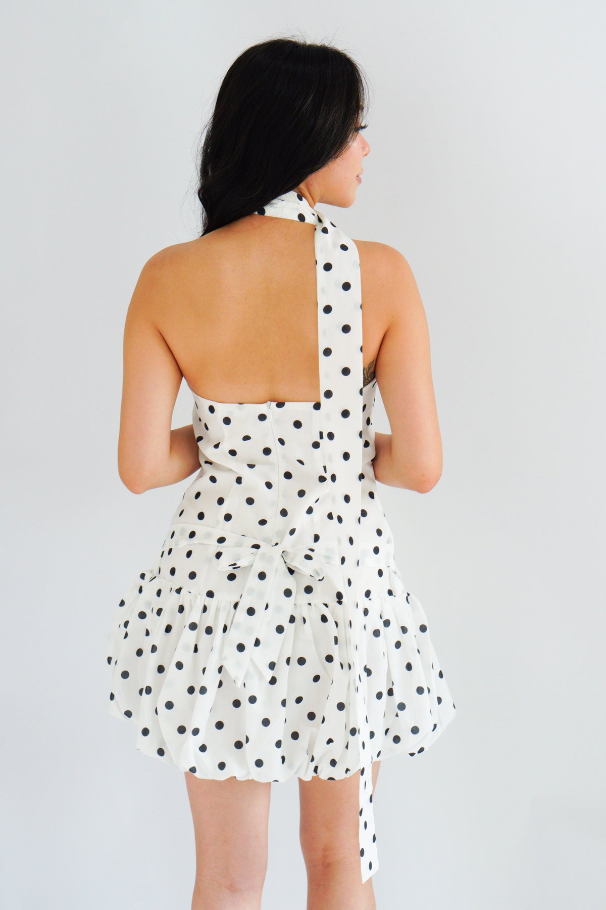Adria Choker Mini Bubble Dress in White Polkadot