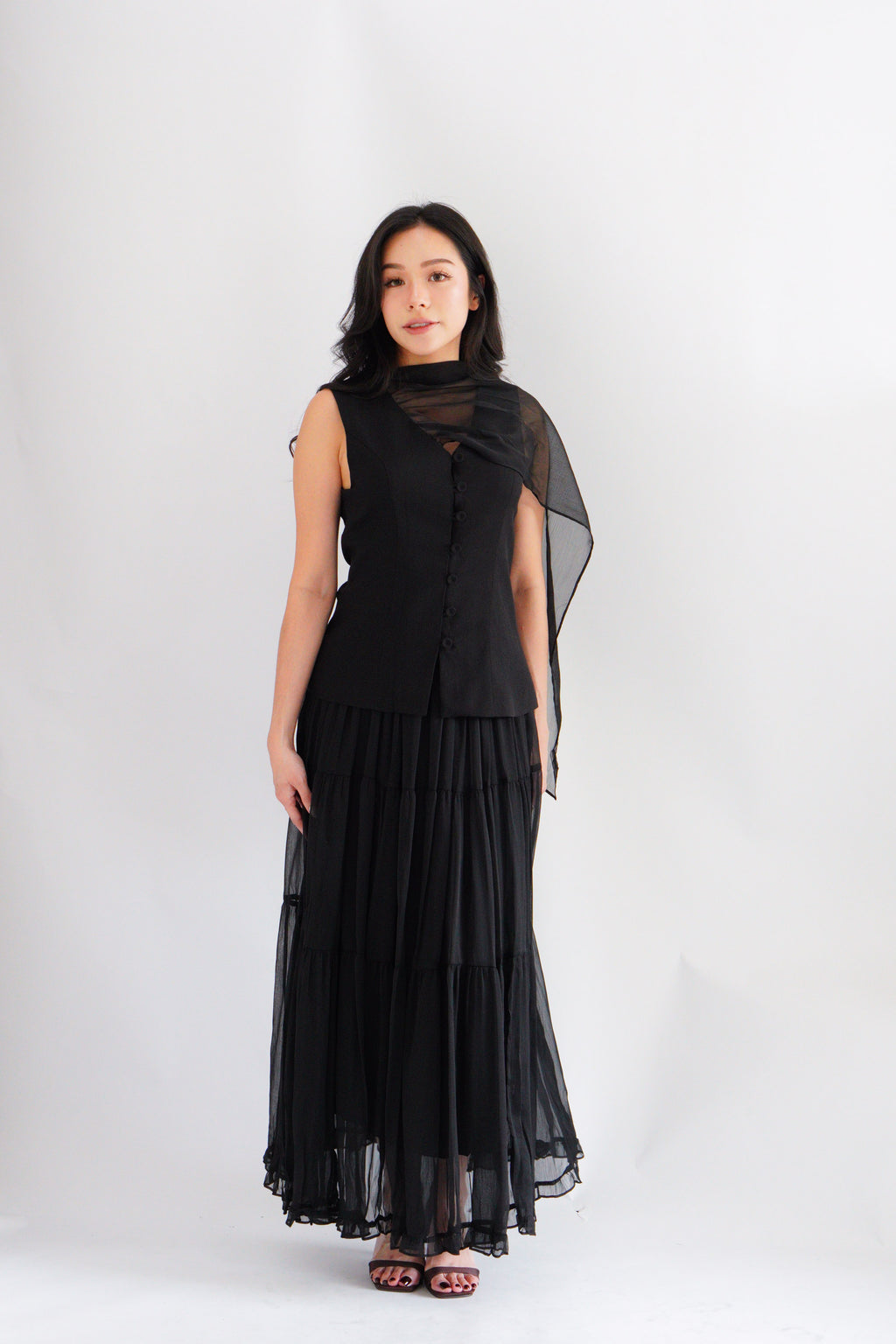 Lania Sash Vest Top and Skirt Set in Black