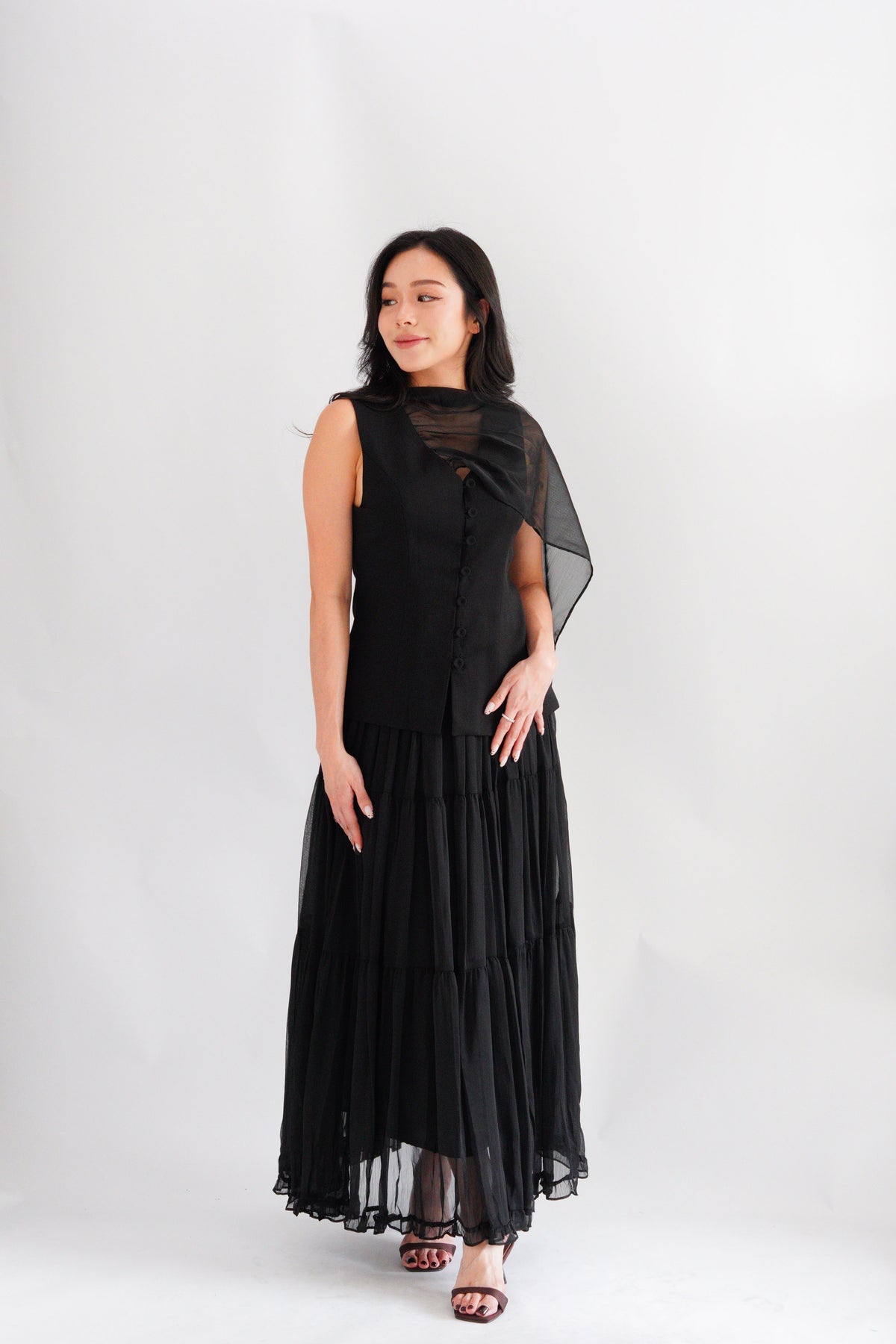 Lania Sash Vest Top and Skirt Set in Black