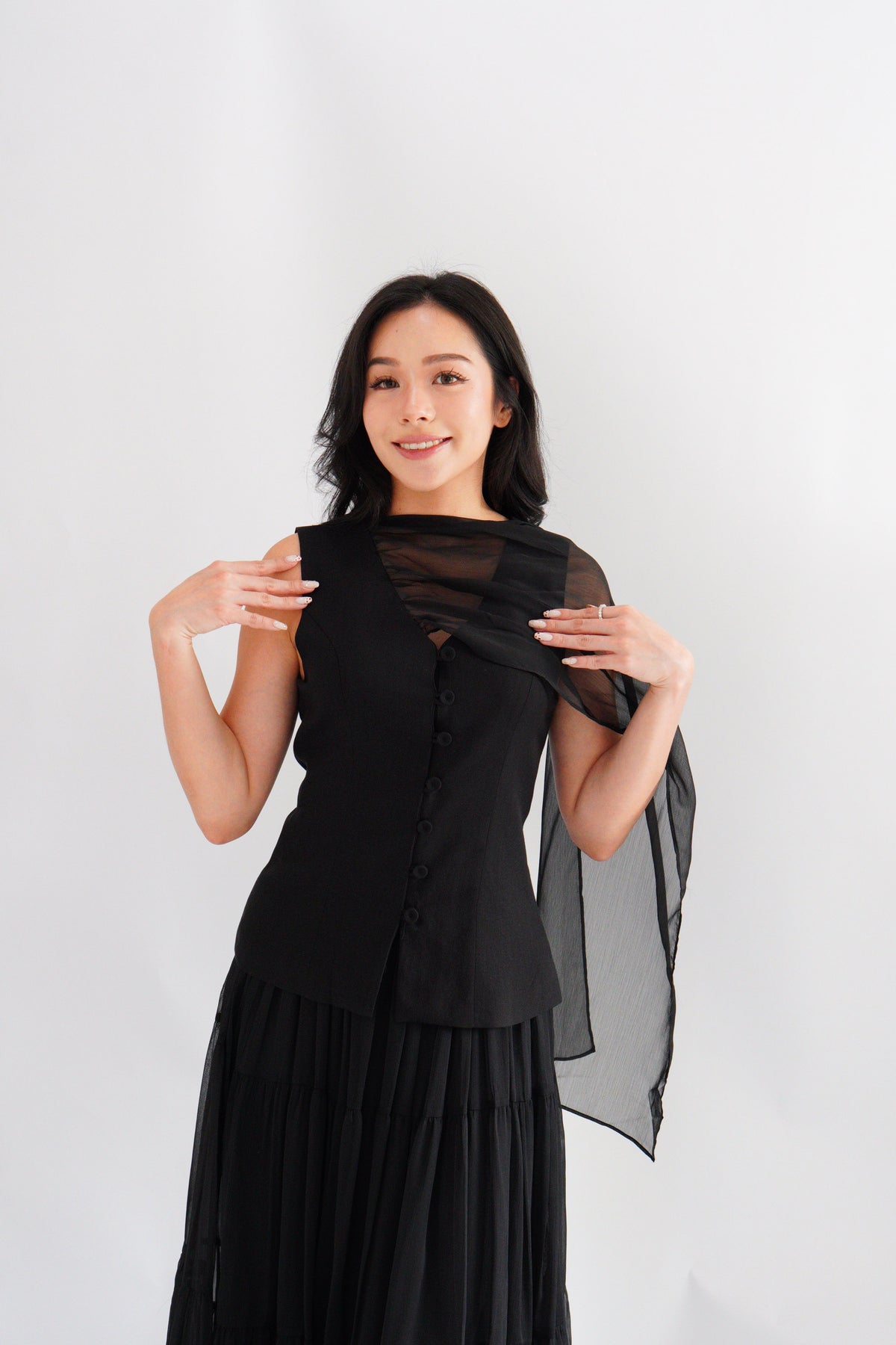 Lania Sash Vest Top and Skirt Set in Black