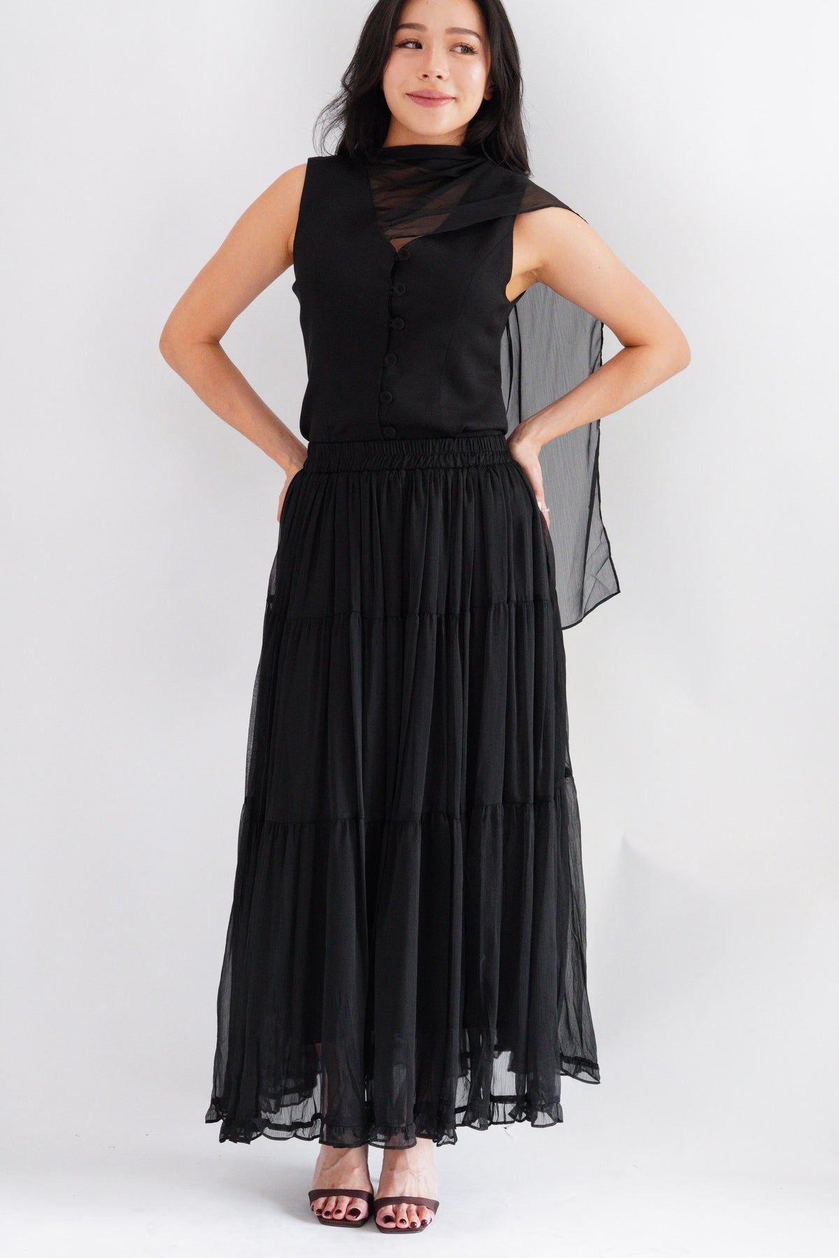 Lania Sash Vest Top and Skirt Set in Black