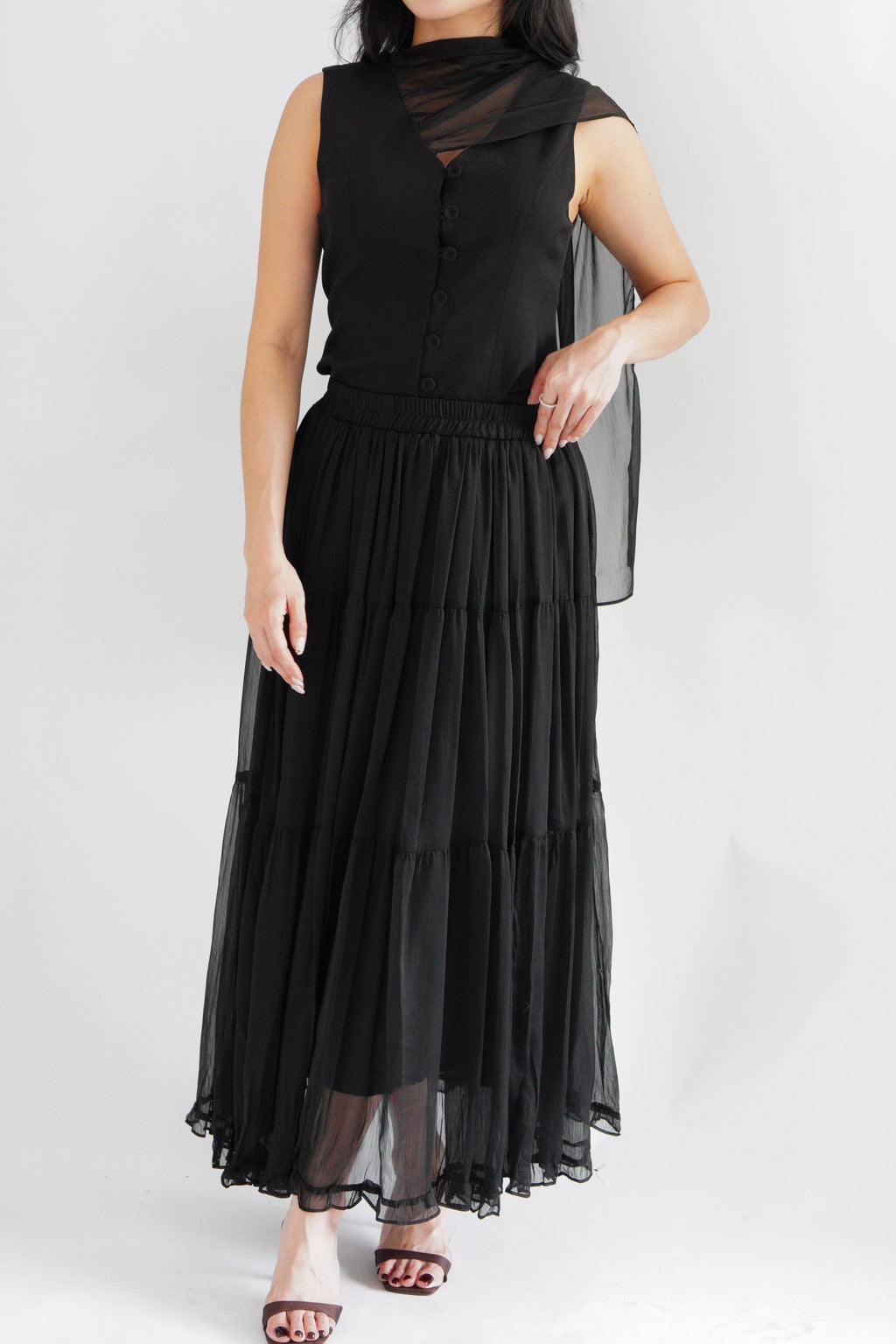 Lania Sash Vest Top and Skirt Set in Black