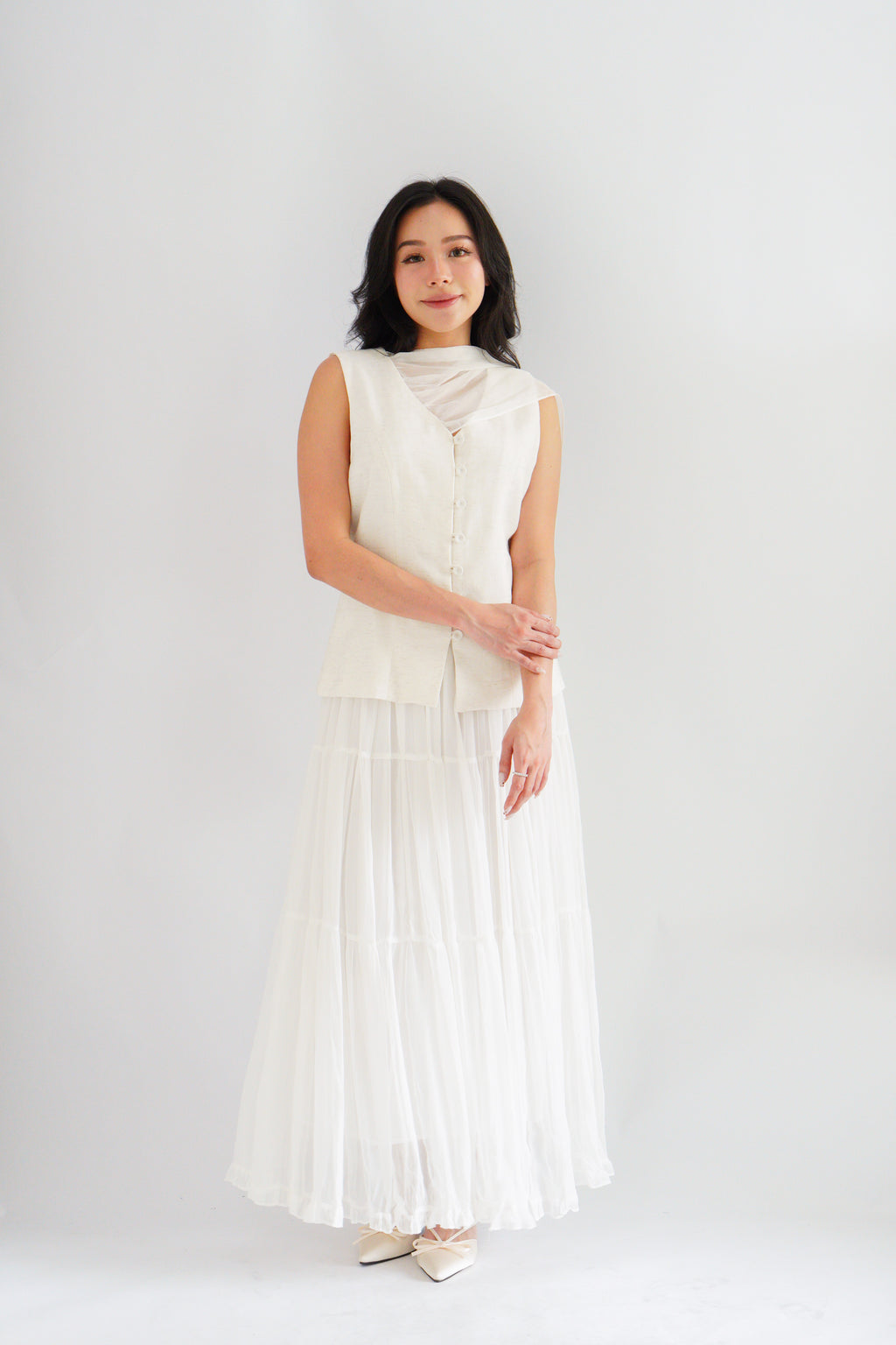 Lania Sash Vest Top and Skirt Set in Light Beige