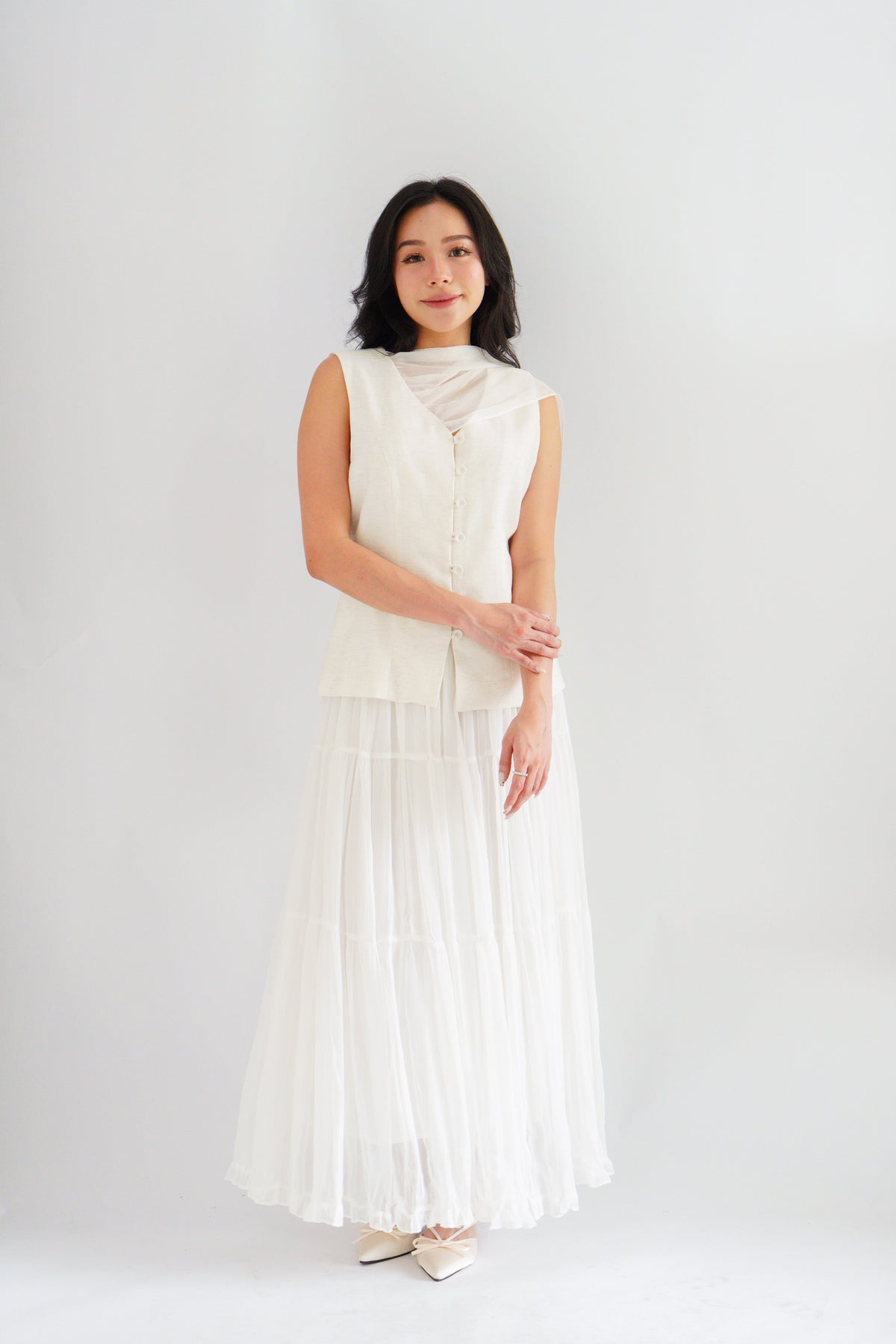 Lania Sash Vest Top and Skirt Set in Light Beige