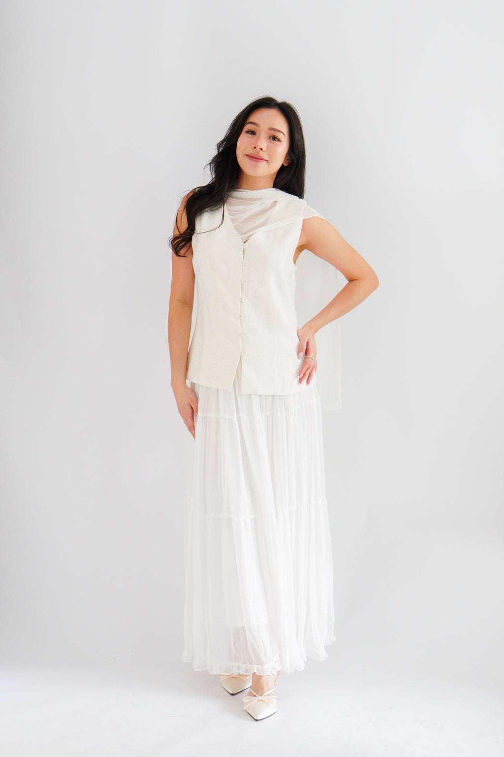 Lania Sash Vest Top and Skirt Set in Light Beige