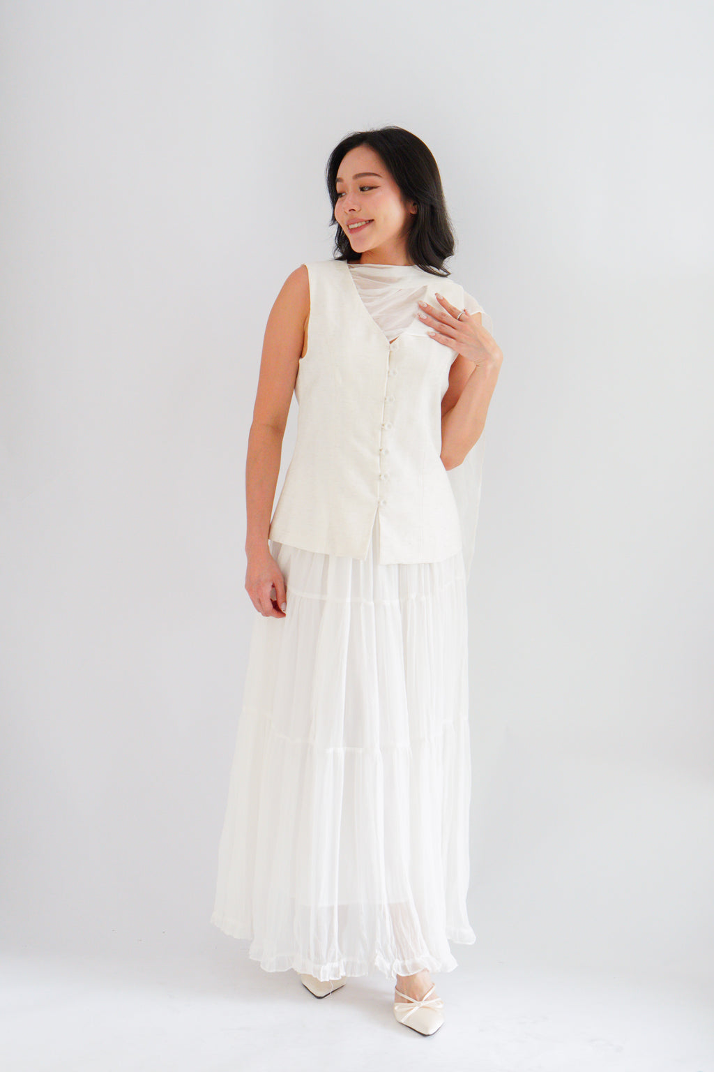 Lania Sash Vest Top and Skirt Set in Light Beige