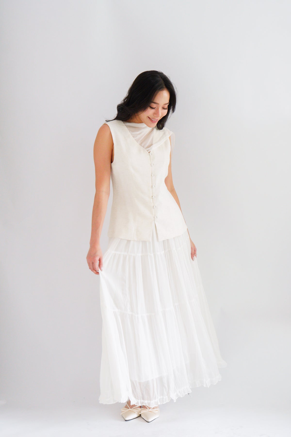 Lania Sash Vest Top and Skirt Set in Light Beige