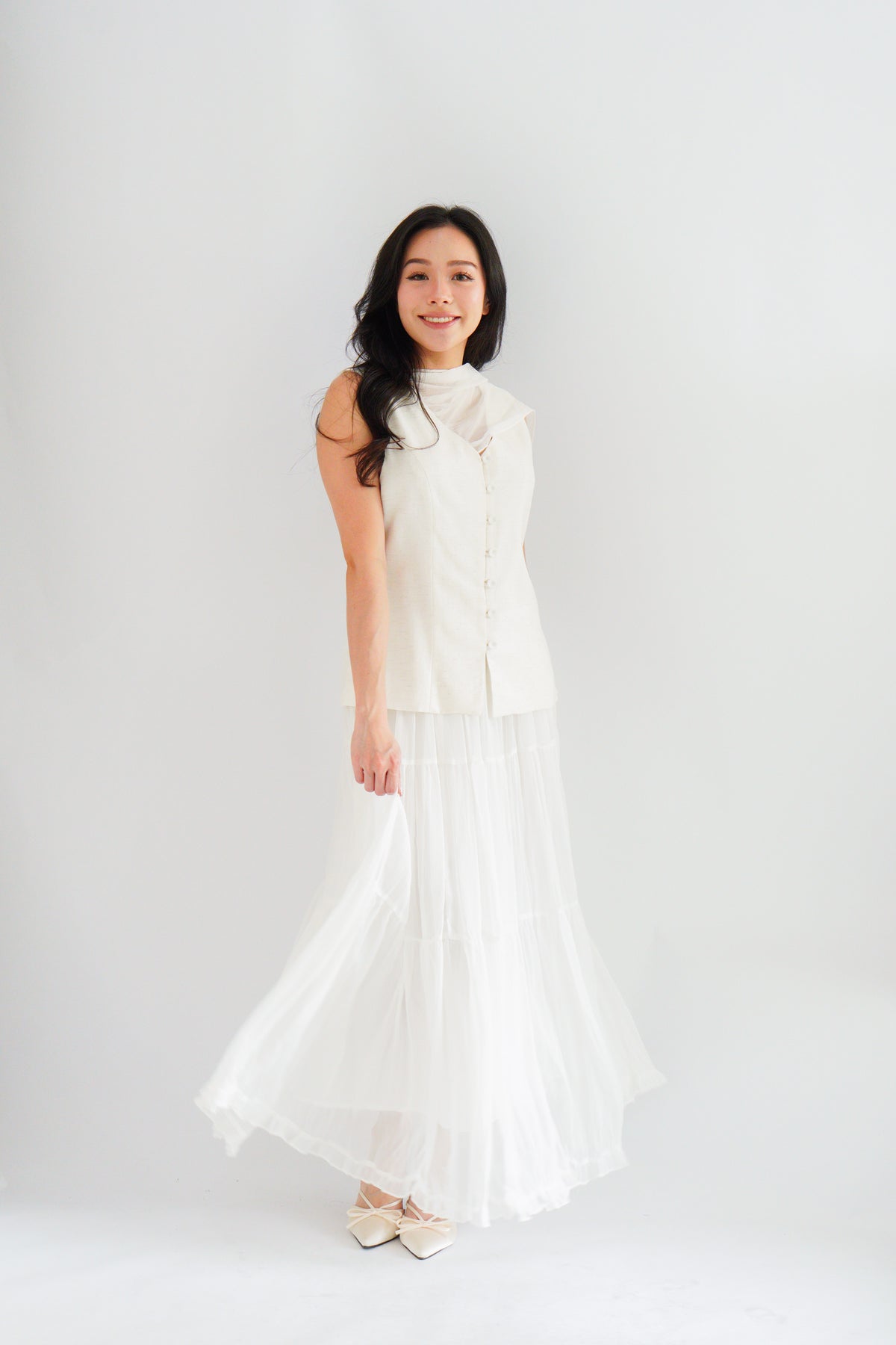 Lania Sash Vest Top and Skirt Set in Light Beige