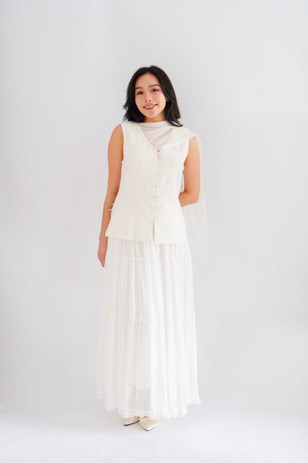 Lania Sash Vest Top and Skirt Set in Light Beige
