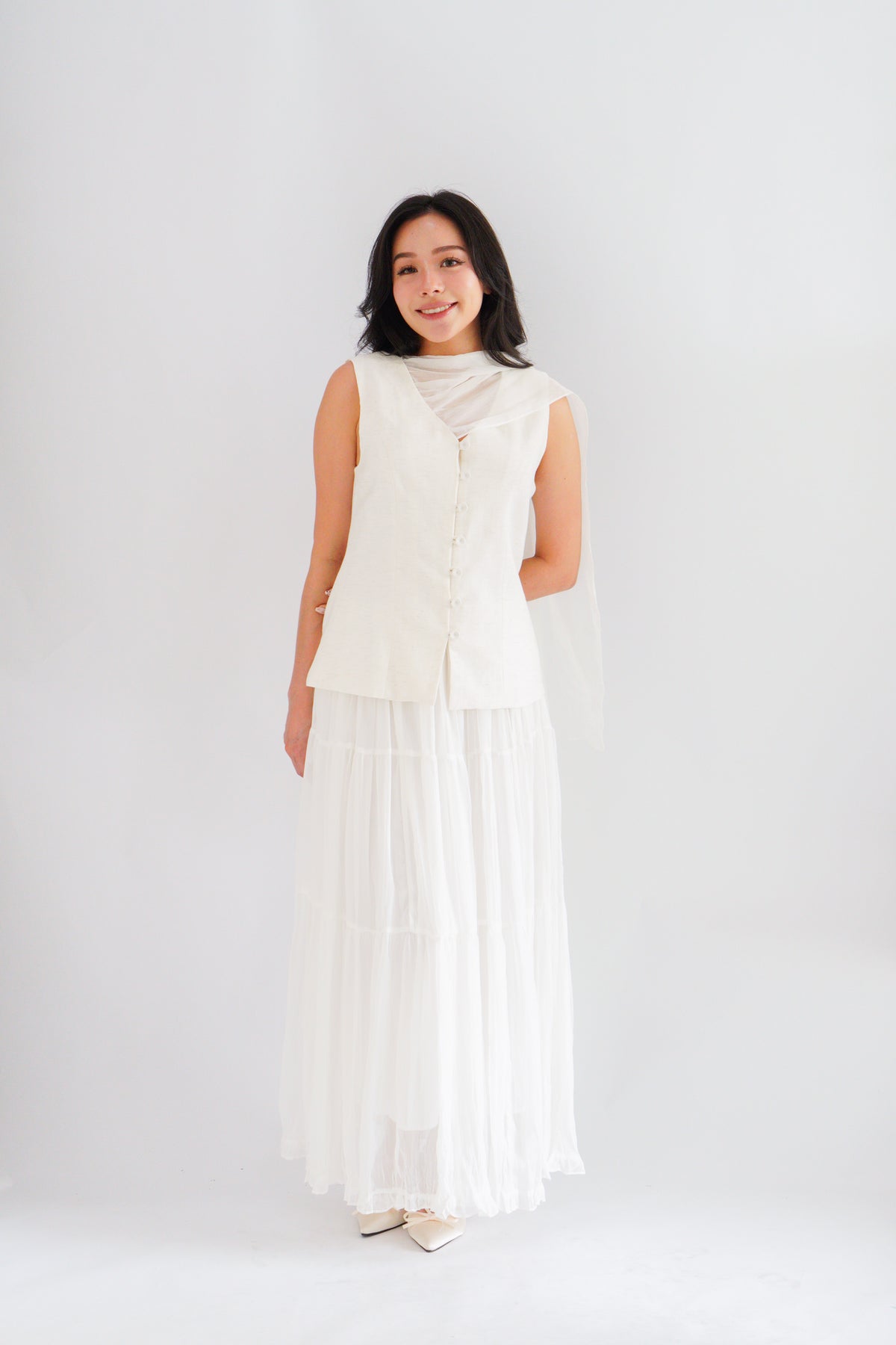 Lania Sash Vest Top and Skirt Set in Light Beige