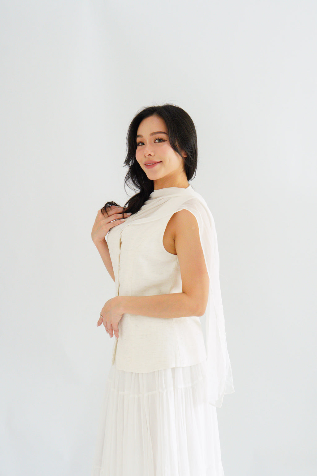 Lania Sash Vest Top and Skirt Set in Light Beige