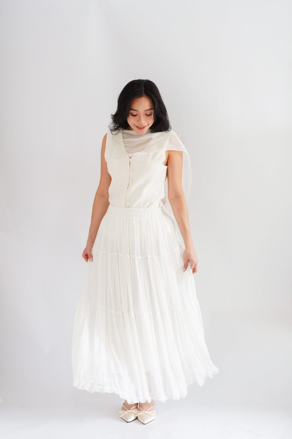 Lania Sash Vest Top and Skirt Set in Light Beige