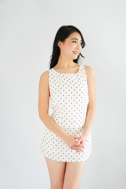 Margot Polkadot Boat Neck Tie Back Top in White
