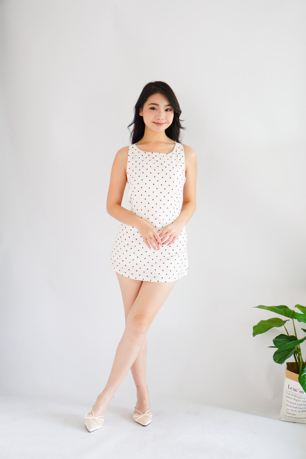 Margot Polkadot Boat Neck Tie Back Top in White