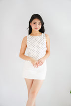 Margot Polkadot Boat Neck Tie Back Top in White