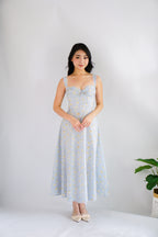 Amelie Floral Lace Maxi A-Line Dress in Blue