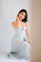 Amelie Floral Lace Maxi A-Line Dress in Blue