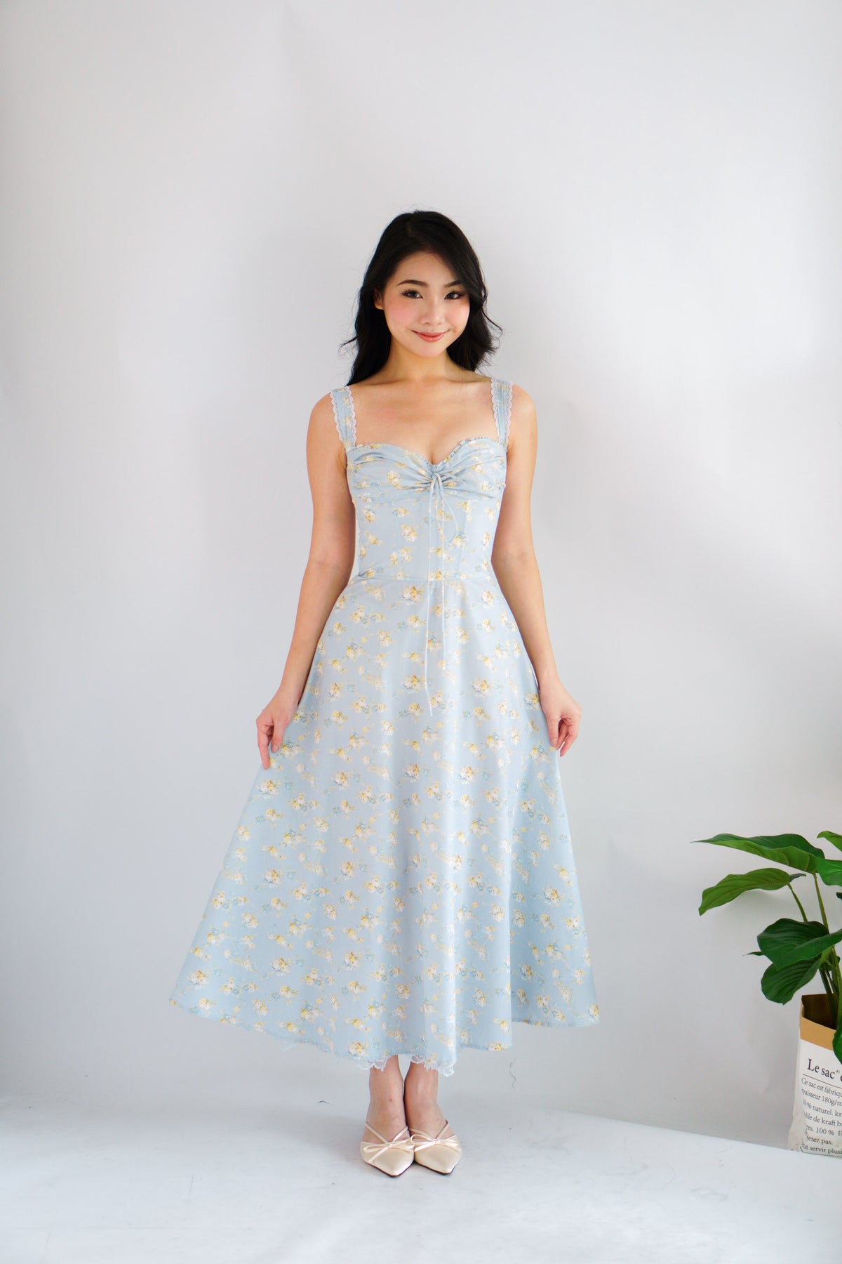 Amelie Floral Lace Maxi A-Line Dress in Blue