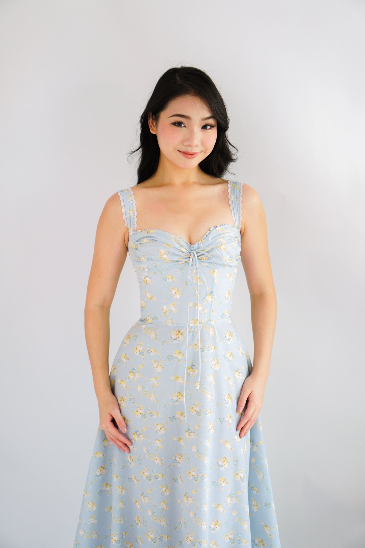 Amelie Floral Lace Maxi A-Line Dress in Blue