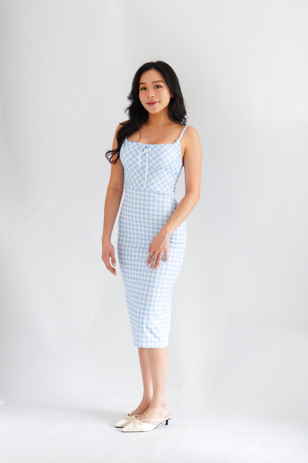 Delphira Gingham Bustier Maxi Dress in Blue