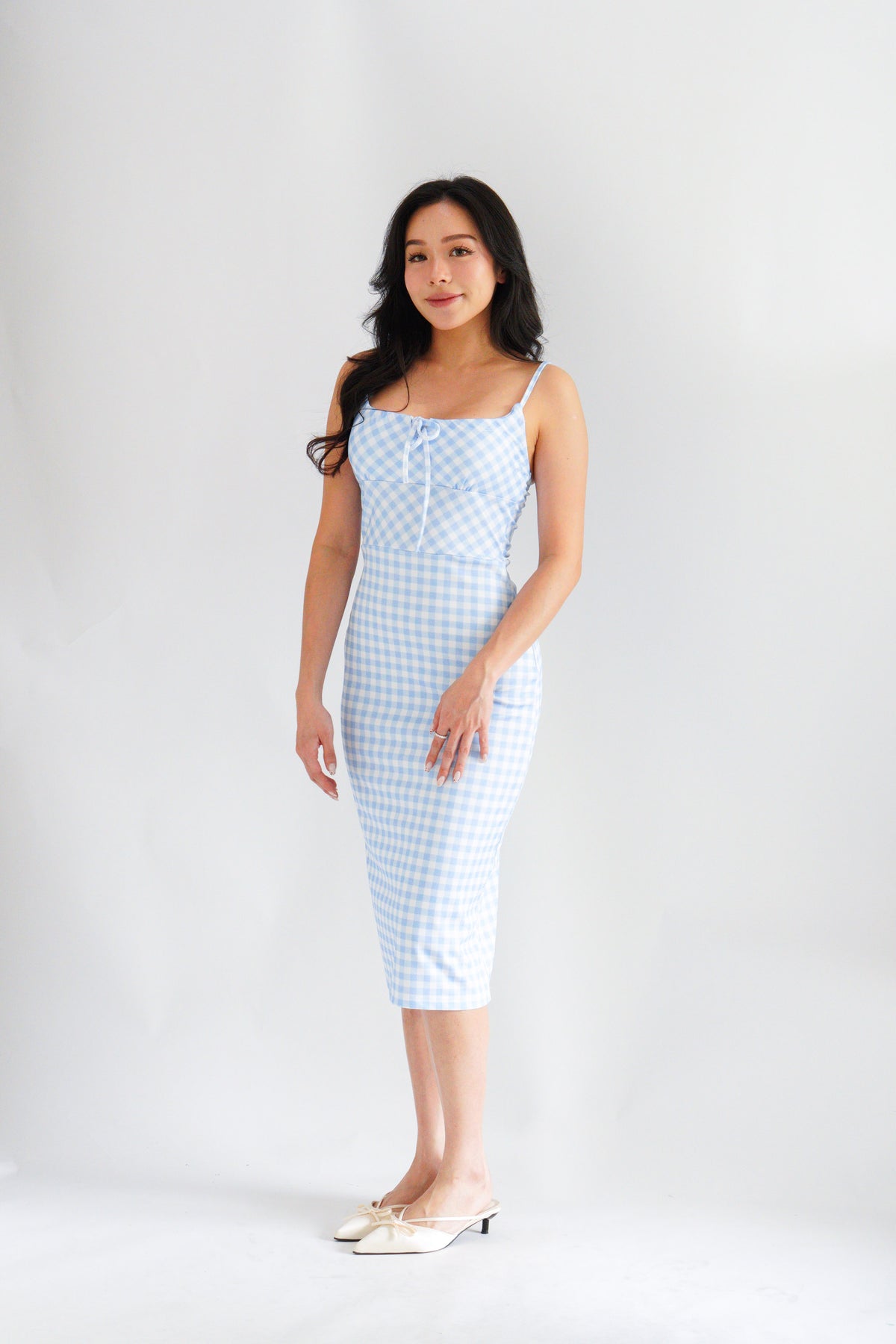 Delphira Gingham Bustier Maxi Dress in Blue