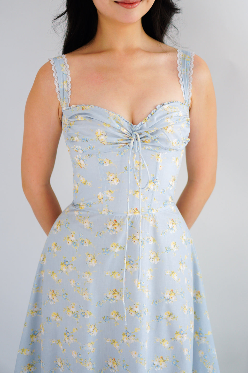 Amelie Floral Lace Maxi A-Line Dress in Blue