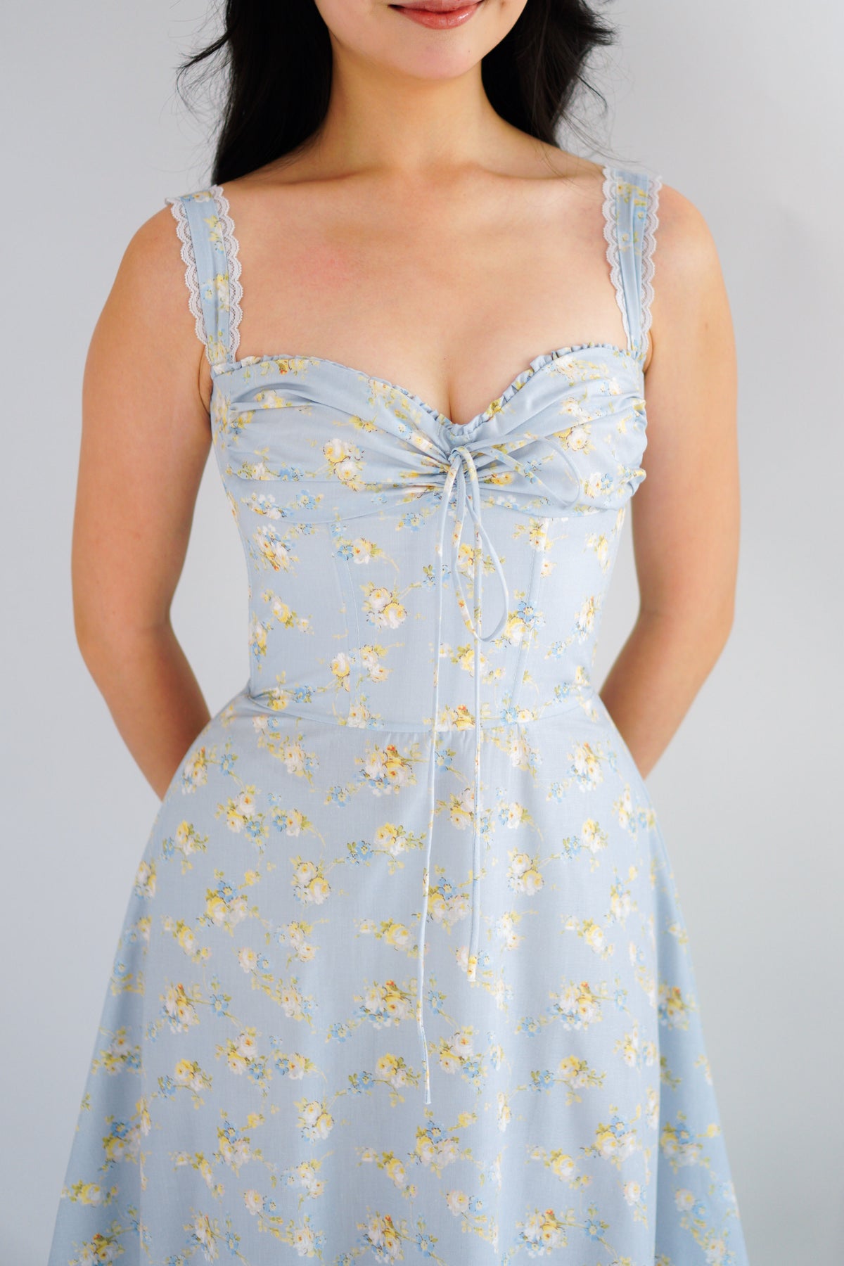 Amelie Floral Lace Maxi A-Line Dress in Blue