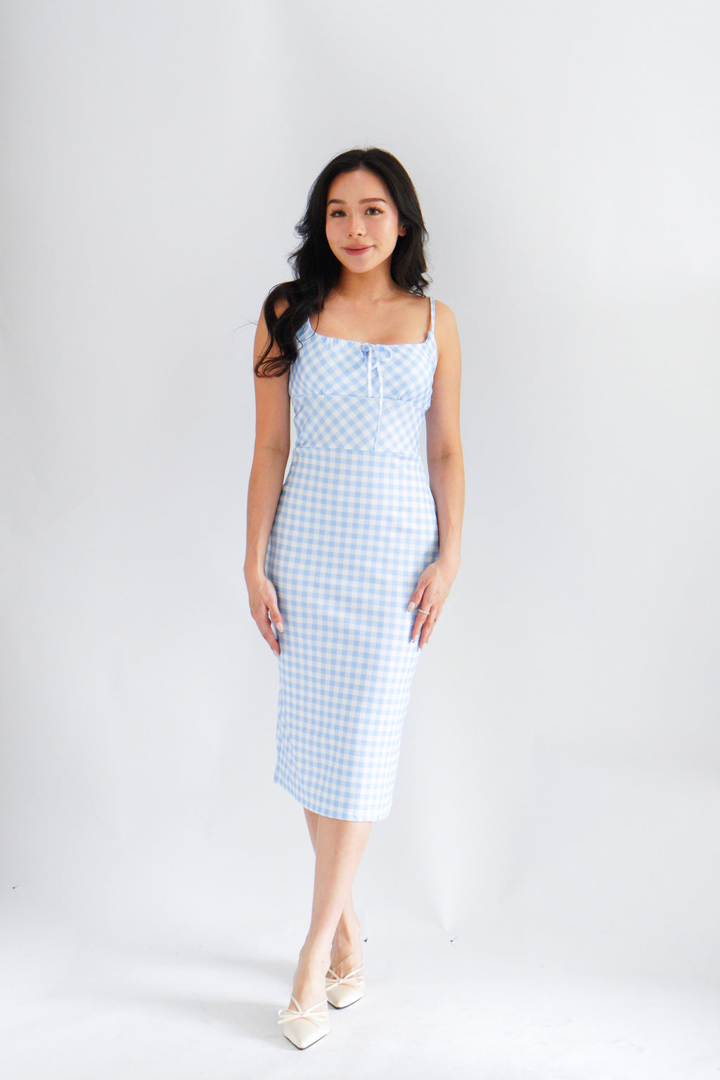 Delphira Gingham Bustier Maxi Dress in Blue