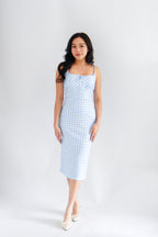 Delphira Gingham Bustier Maxi Dress in Blue