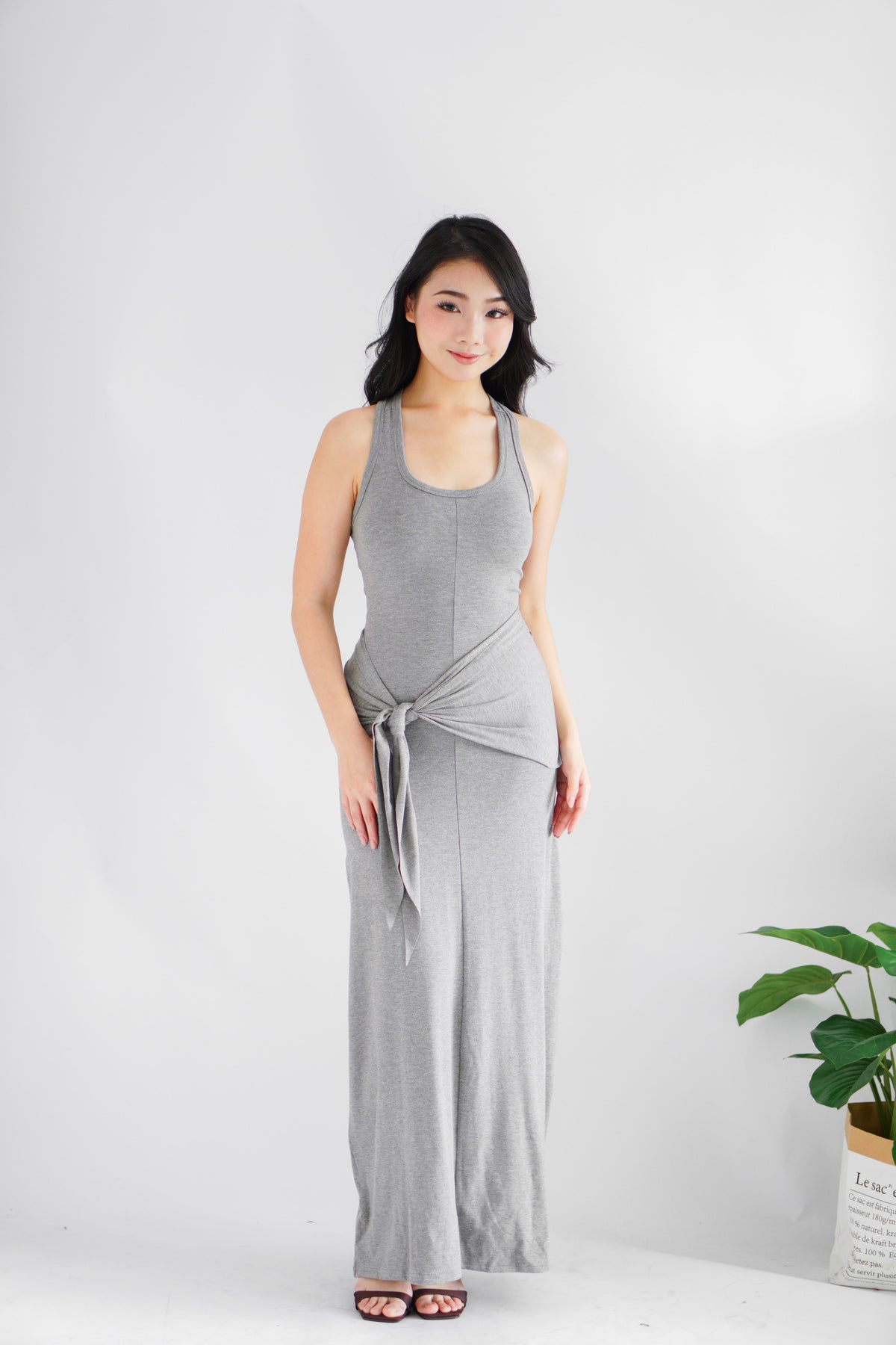 Astrid Halter Neck Bodycon Maxi Dress with Self Tied Scarf in Grey