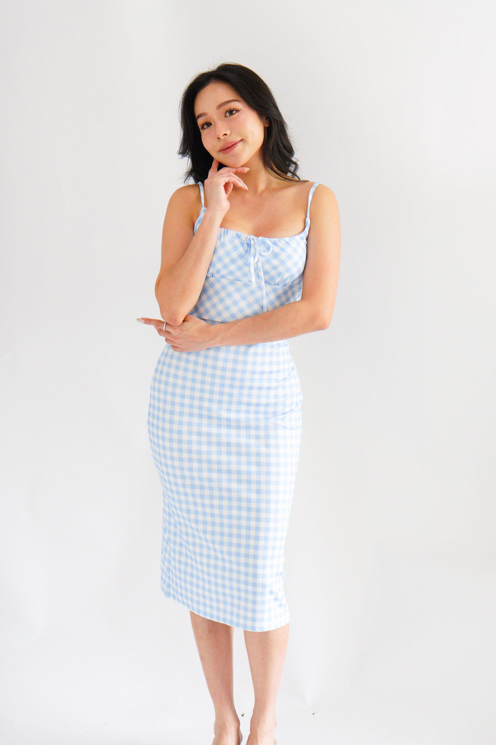Delphira Gingham Bustier Maxi Dress in Blue