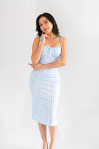 Delphira Gingham Bustier Maxi Dress in Blue