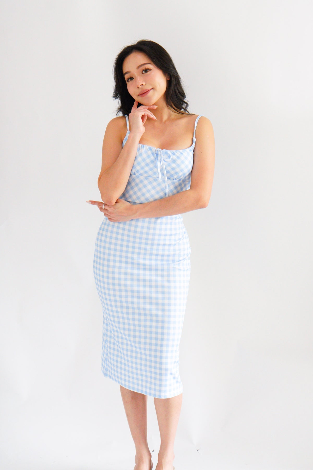 Delphira Gingham Bustier Maxi Dress in Blue