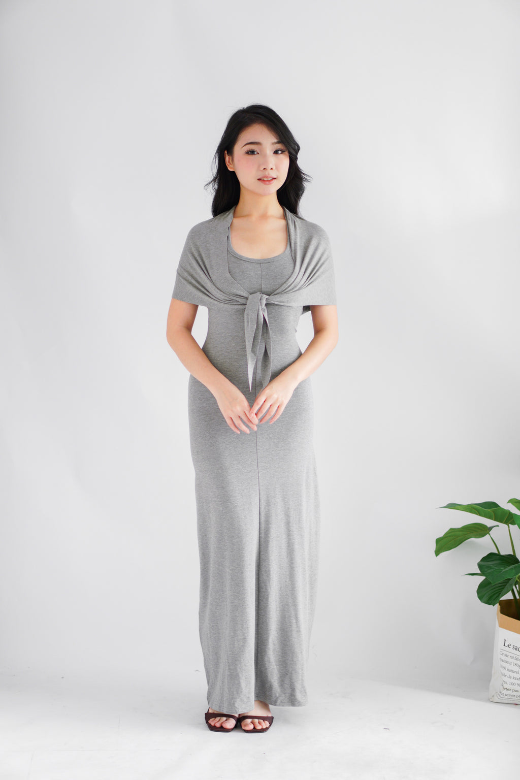 Astrid Halter Neck Bodycon Maxi Dress with Self Tied Scarf in Grey