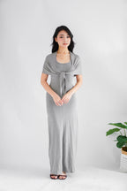 Astrid Halter Neck Bodycon Maxi Dress with Self Tied Scarf in Grey