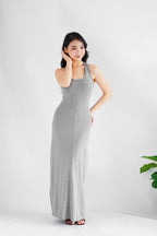 Astrid Halter Neck Bodycon Maxi Dress with Self Tied Scarf in Grey
