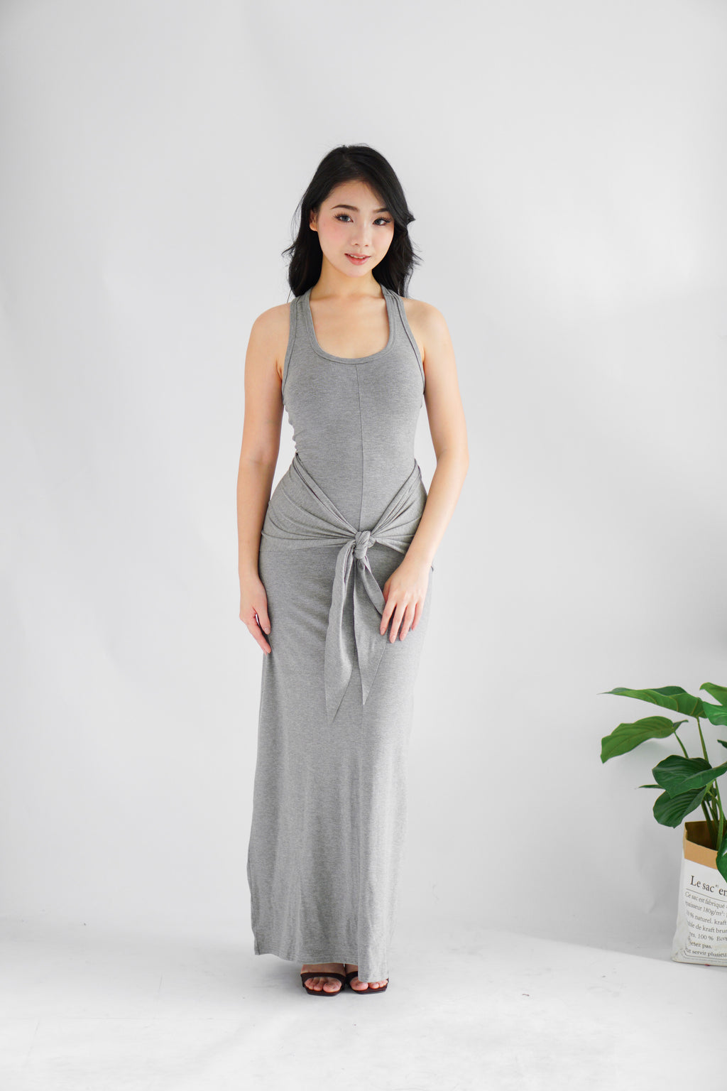 Astrid Halter Neck Bodycon Maxi Dress with Self Tied Scarf in Grey